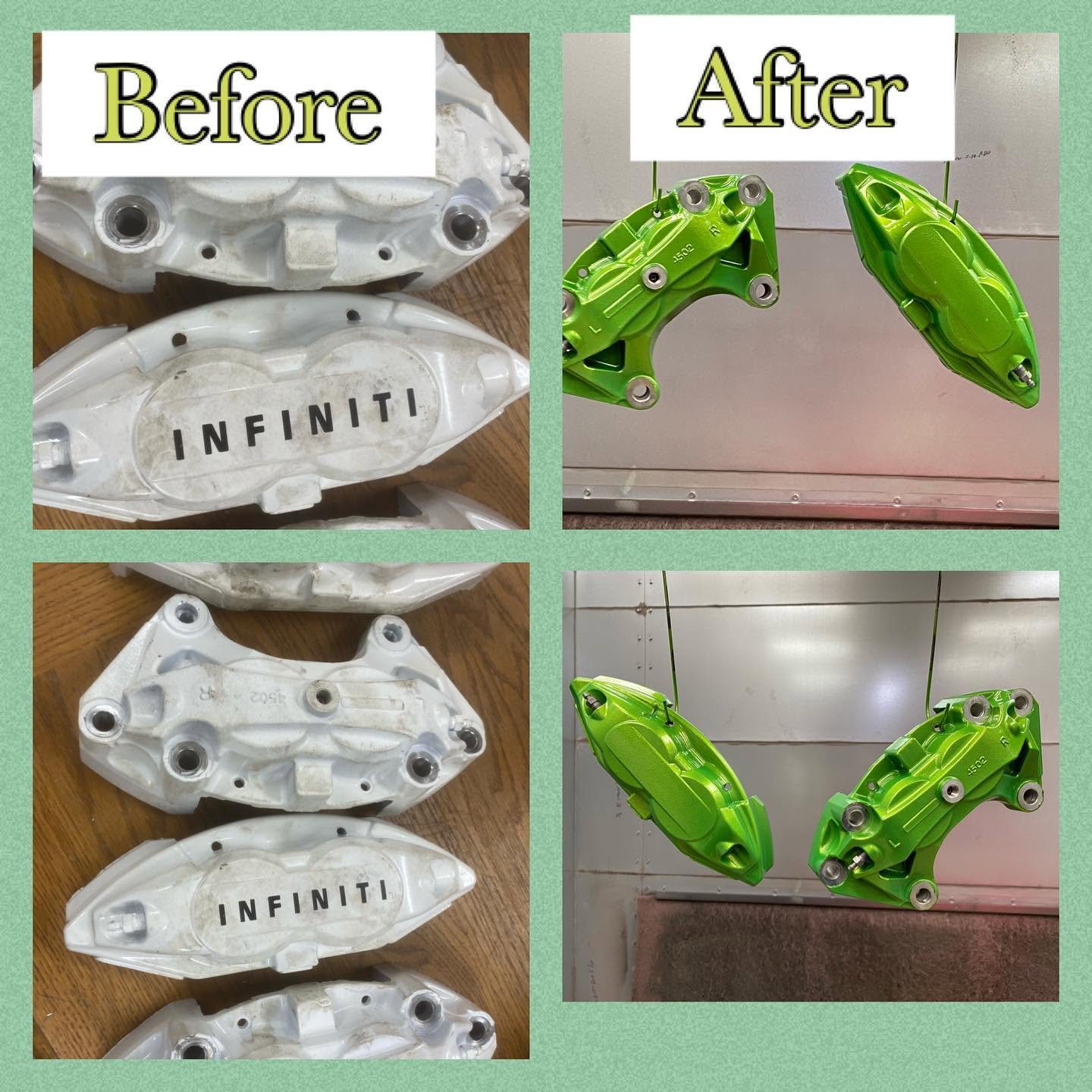 Infiniti brake calipers before and after powder coating β corroded white to bright lime green