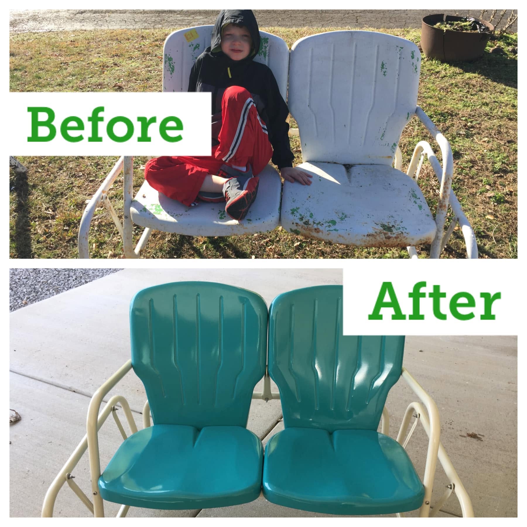 Pair of metal patio chairs before and after β worn white to teal