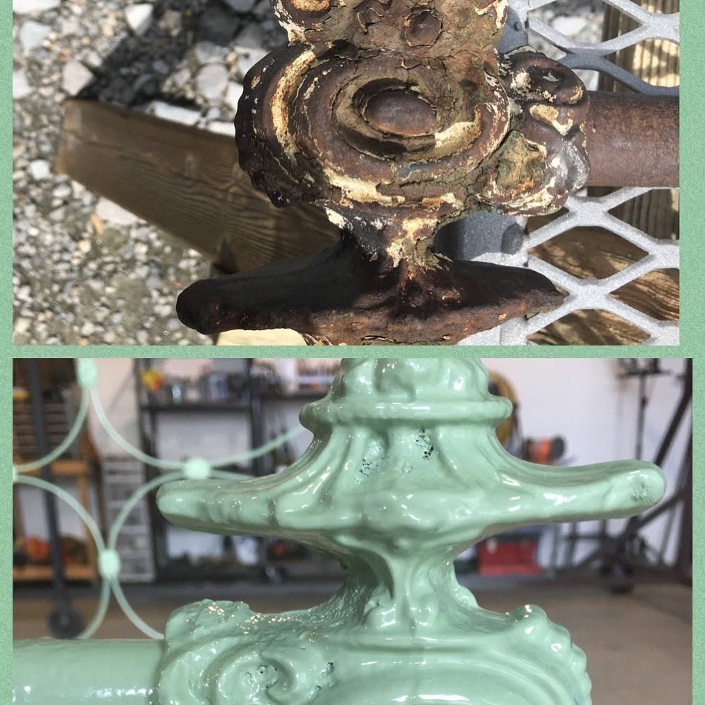 Ornate cast ironwork before and after β heavy rust to glossy mint green