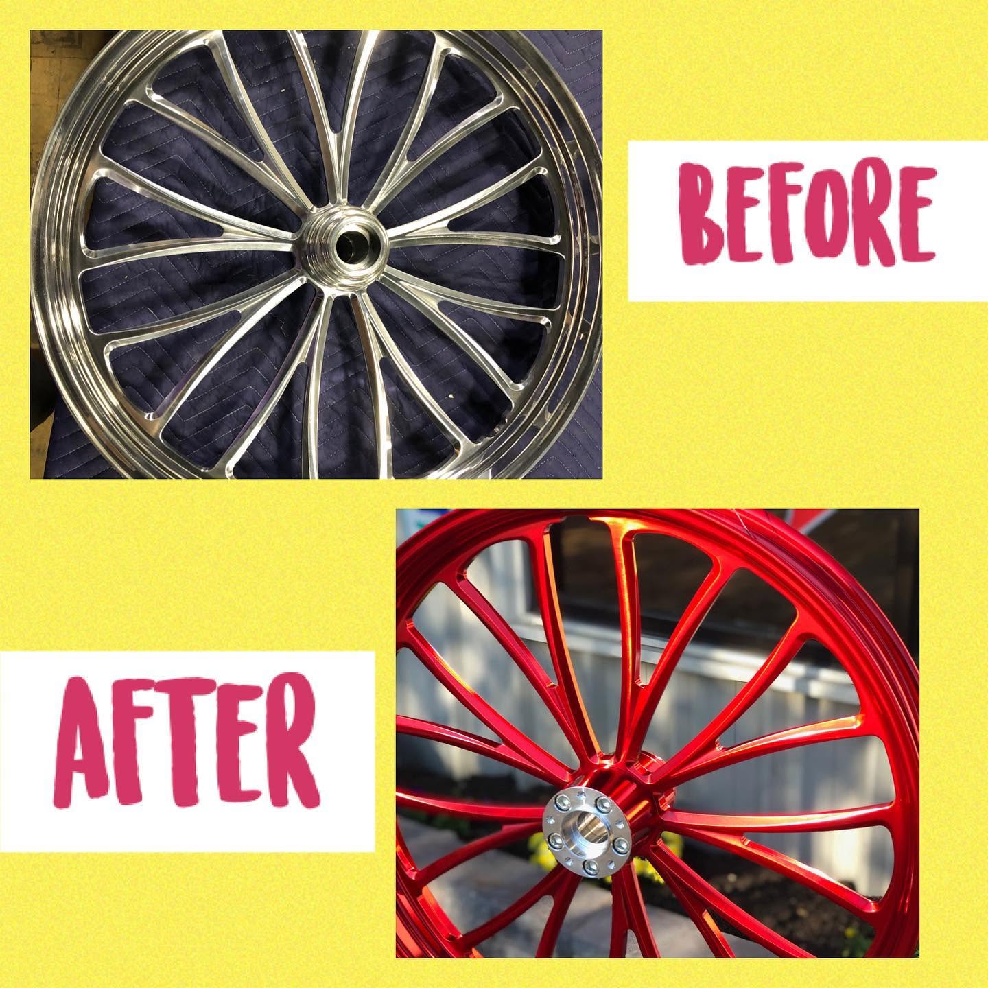 Custom billet motorcycle wheel before and after β polished aluminum to candy red