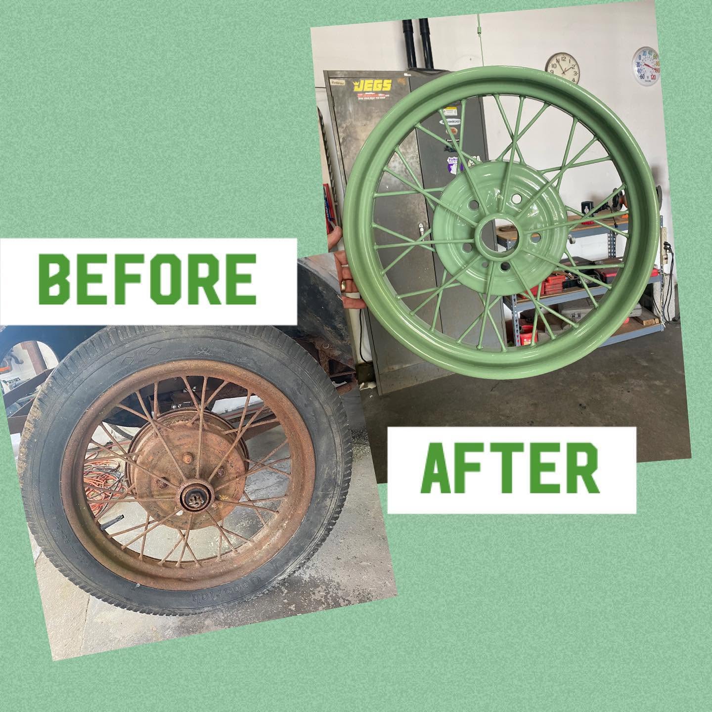 Vintage spoke wheel before and after β rusty to sage green
